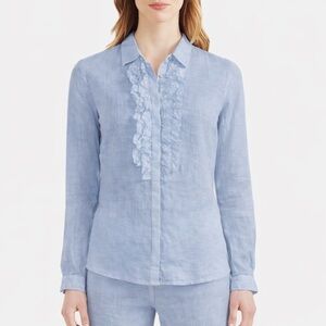 120% Lino Jabot Ruffle-Bib Button-Down Linen Shirt Light Blue Lace Detail Sz 46